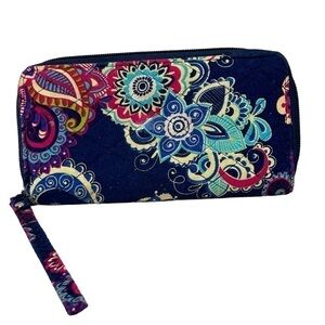 Wristlet Quilted Paisley/Floral Navy/Red/Blue/Yellow Wallet W/Strap EUC